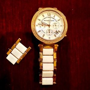 Michael Kors. Women’s Parker Gold-Tone and white  Chronograph Watch.